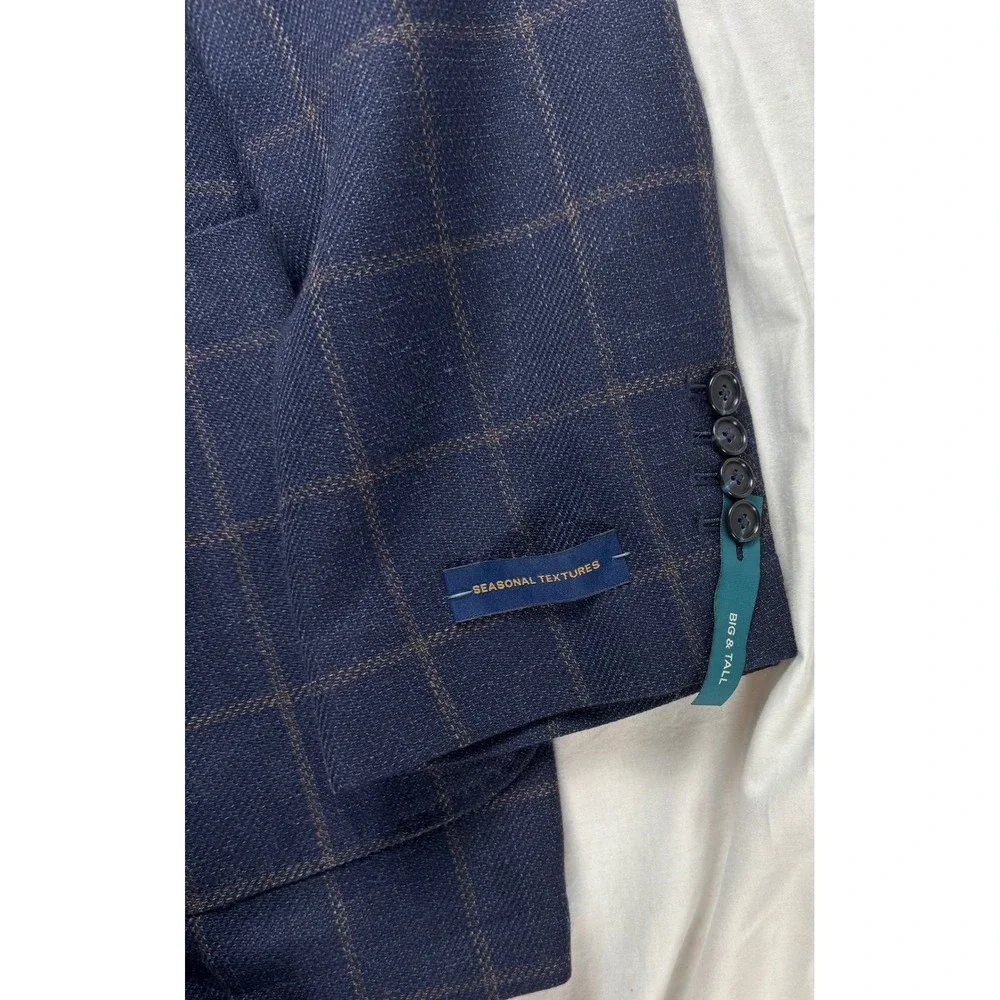 Stafford Big & Tall Navy Windowpane Wool Blend Sport Coat Blazer 60L New
